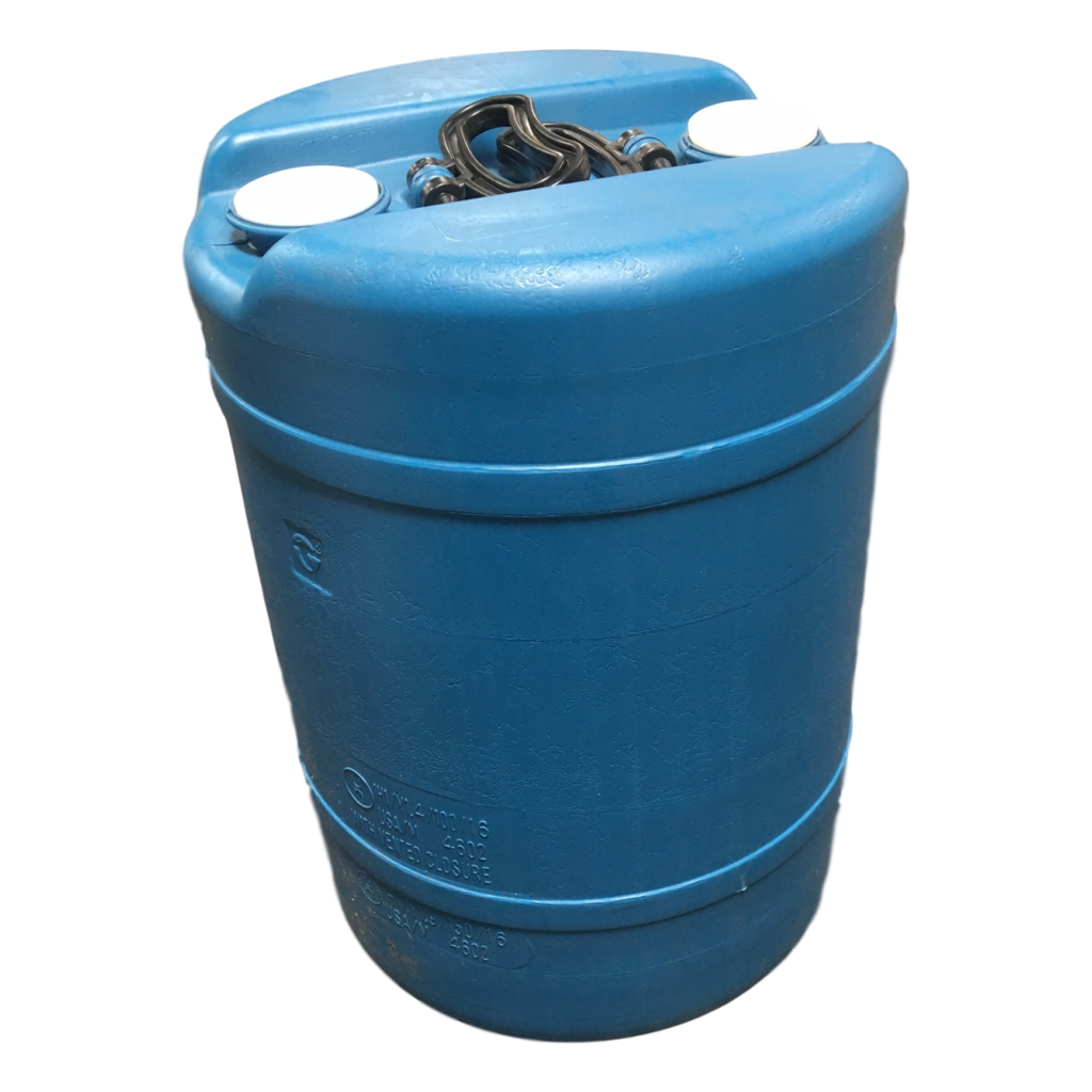 New blue food grade 15 gallon plastic drum with closed top. 